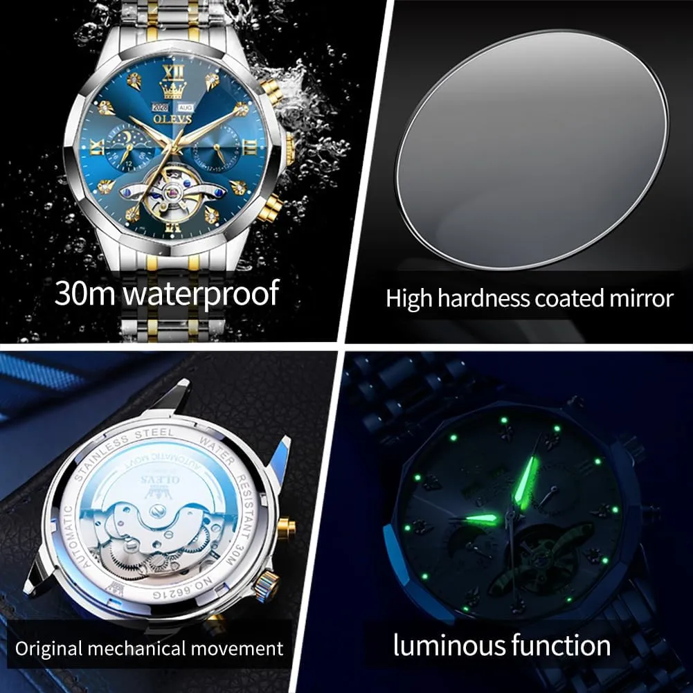 OLEVS Automatic Watches for Men Business Dress Watch Mechanical Stainless Steel Waterproof Self Winding Classic Date Luxury Diamond Men Wrist Watch