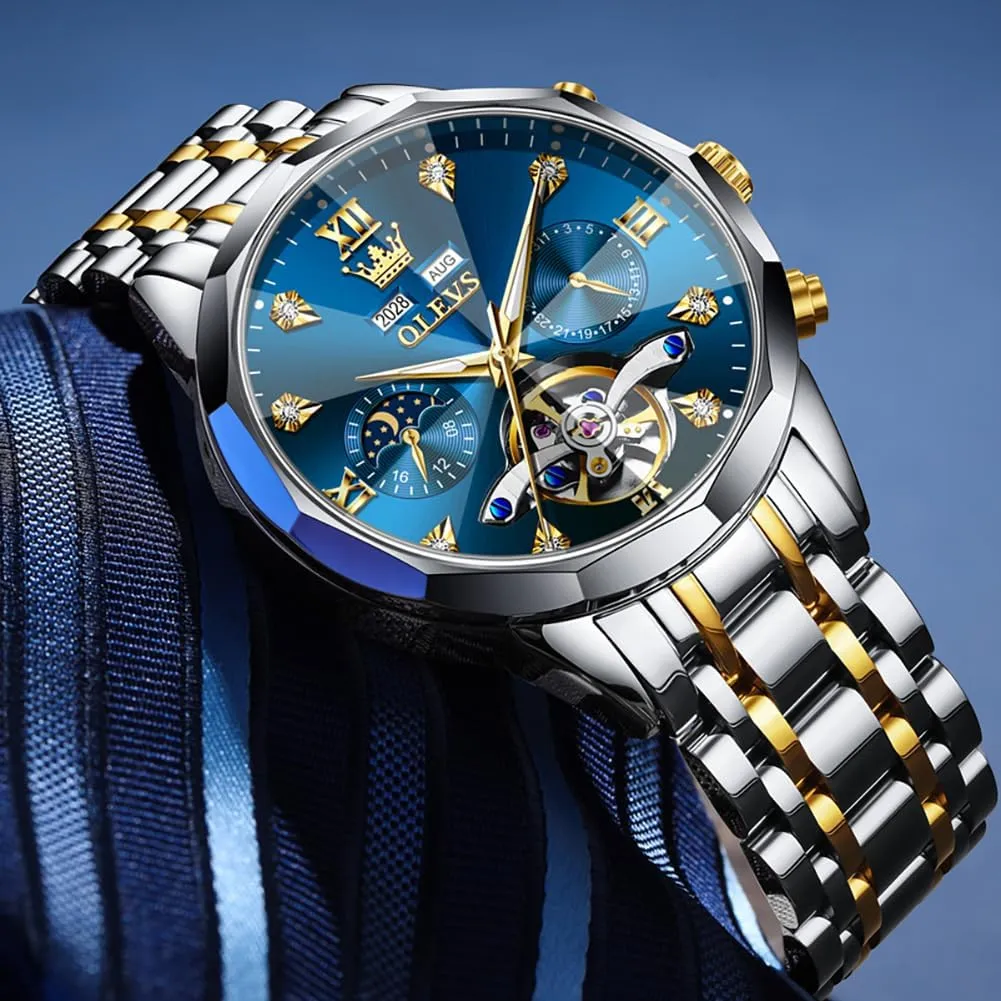 OLEVS Automatic Watches for Men Business Dress Watch Mechanical Stainless Steel Waterproof Self Winding Classic Date Luxury Diamond Men Wrist Watch