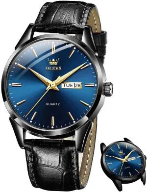 OLEVS Men's Simple Watch with Day and Date, Stainless Steel Analog Quartz Watches for Men, Classic Luminous Hands Men's Dress Watches, Black/White/Blue Dial