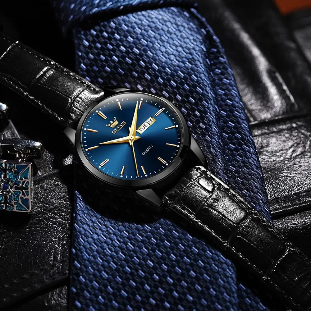 OLEVS Men's Simple Watch with Day and Date, Stainless Steel Analog Quartz Watches for Men, Classic Luminous Hands Men's Dress Watches, Black/White/Blue Dial