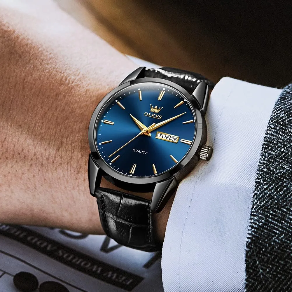 OLEVS Men's Simple Watch with Day and Date, Stainless Steel Analog Quartz Watches for Men, Classic Luminous Hands Men's Dress Watches, Black/White/Blue Dial