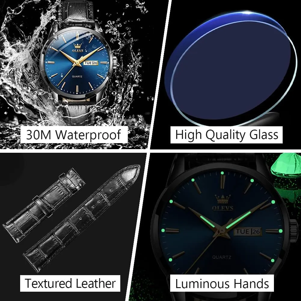 OLEVS Men's Simple Watch with Day and Date, Stainless Steel Analog Quartz Watches for Men, Classic Luminous Hands Men's Dress Watches, Black/White/Blue Dial