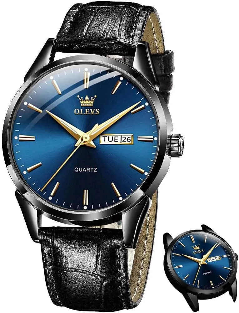 OLEVS Men's Simple Watch with Day and Date, Stainless Steel Analog Quartz Watches for Men, Classic Luminous Hands Men's Dress Watches, Black/White/Blue Dial