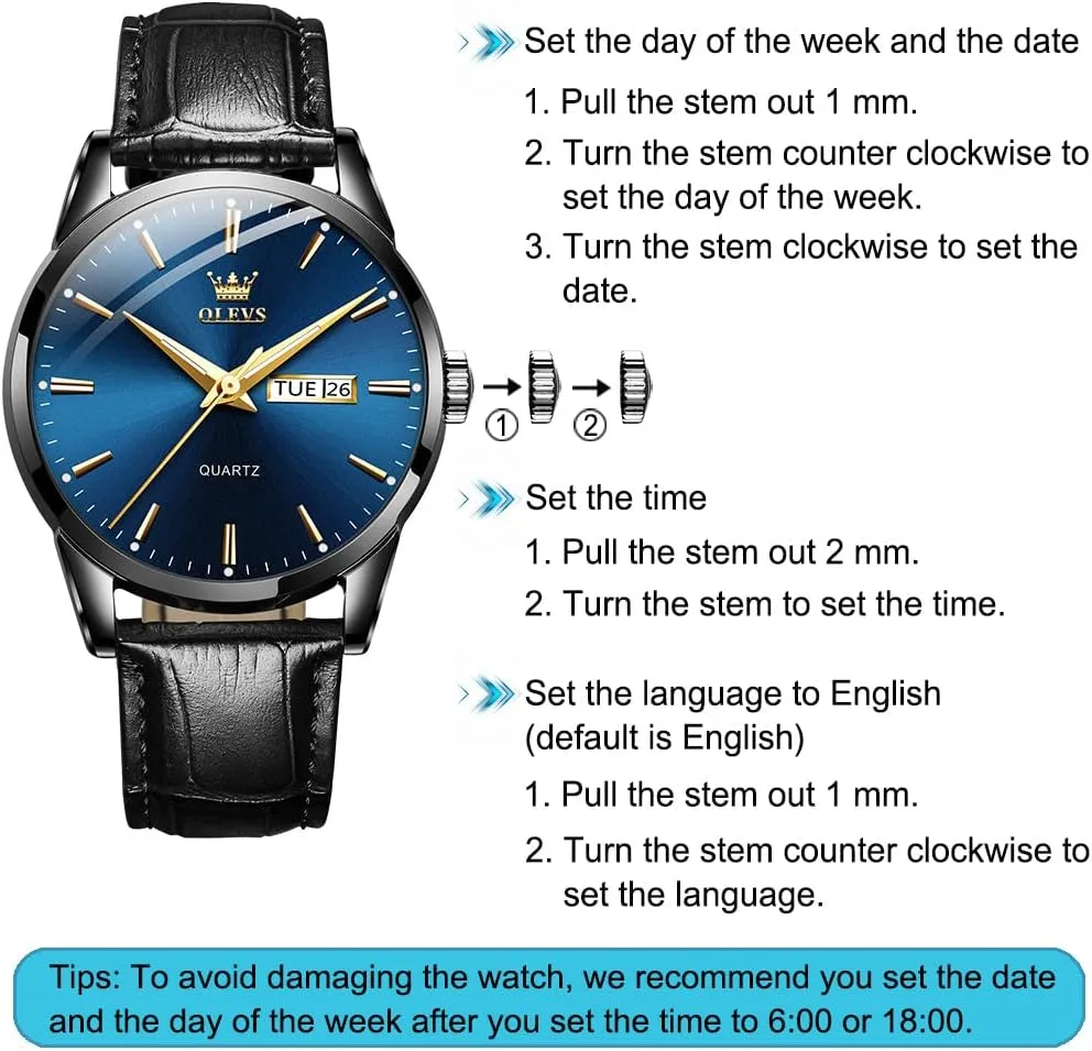 OLEVS Men's Simple Watch with Day and Date, Stainless Steel Analog Quartz Watches for Men, Classic Luminous Hands Men's Dress Watches, Black/White/Blue Dial