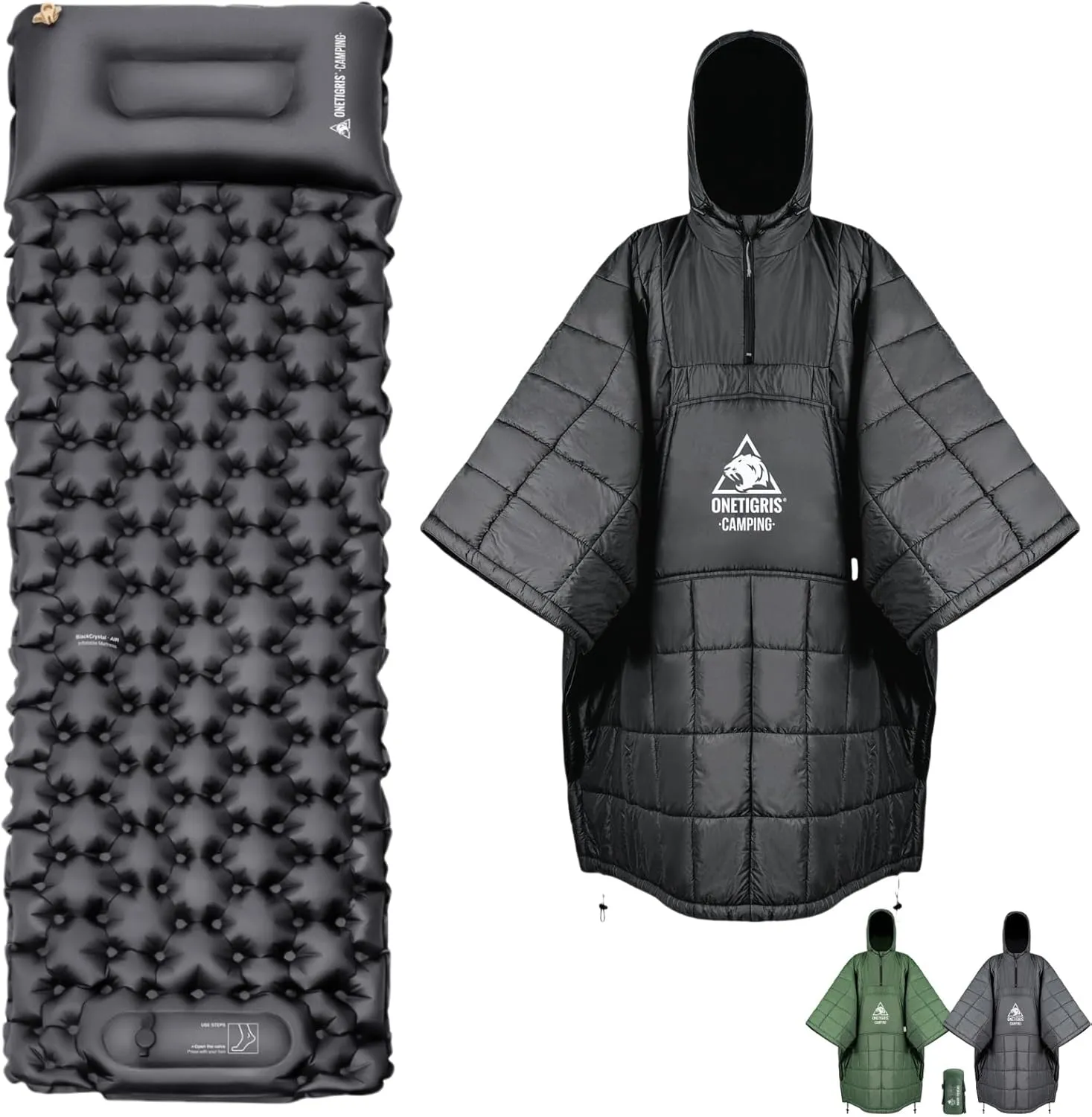ONETIGRIS Camping Blanket Honcho Poncho and Ultralight Camping Sleeping Pad with Pillow Built-in Foot Pump Inflatable Sleeping Mat