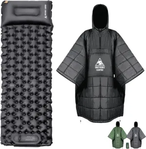 ONETIGRIS Camping Blanket Honcho Poncho and Ultralight Camping Sleeping Pad with Pillow Built-in Foot Pump Inflatable Sleeping Mat