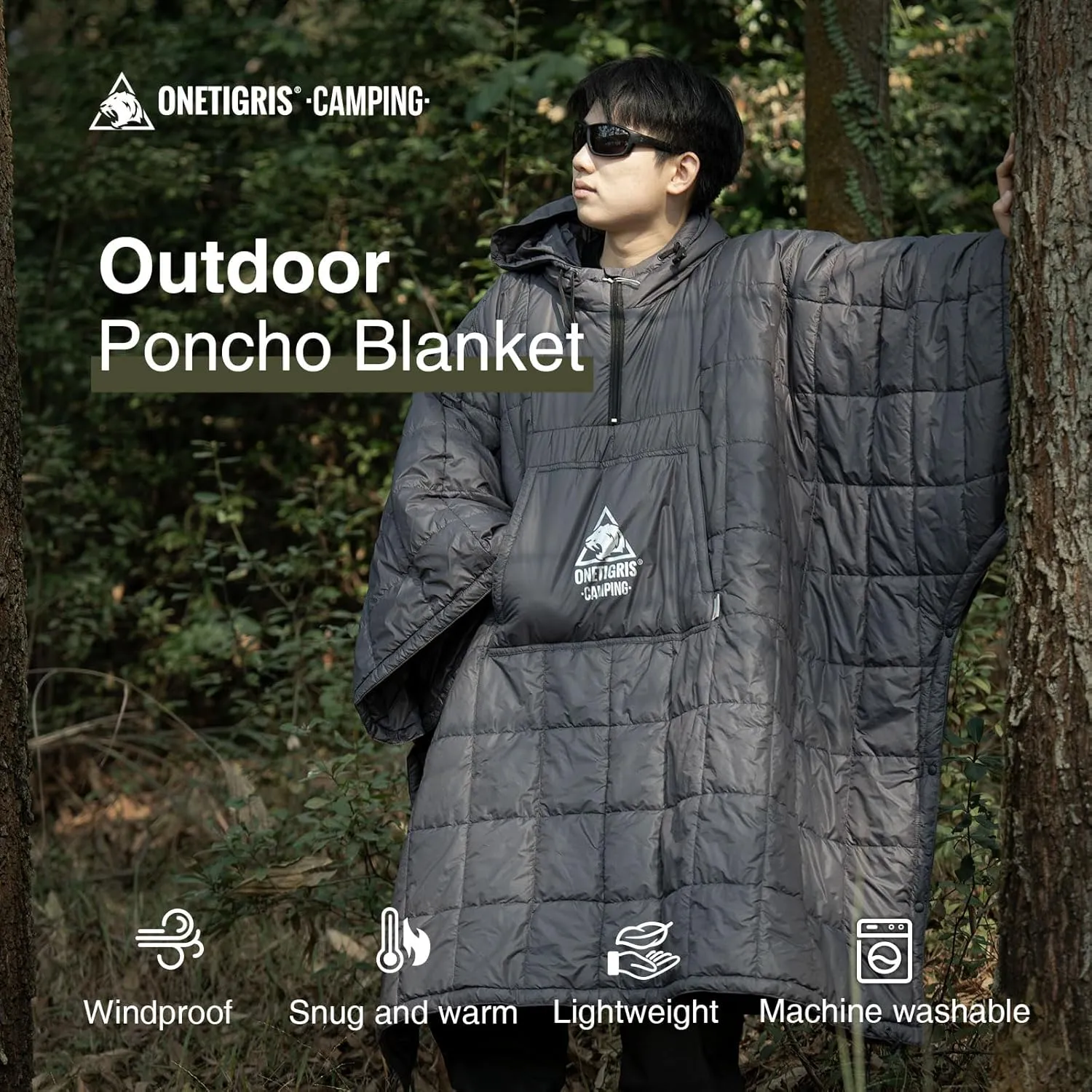 OneTigris Camping Blanket Honcho Poncho with 3M Thinsulate Insulation,Wearable Sleeping Bag Poncho for Camping Large Ultralight Water-Resisitant Warm Wearable Blanket for Outdoor Camping,Hiking