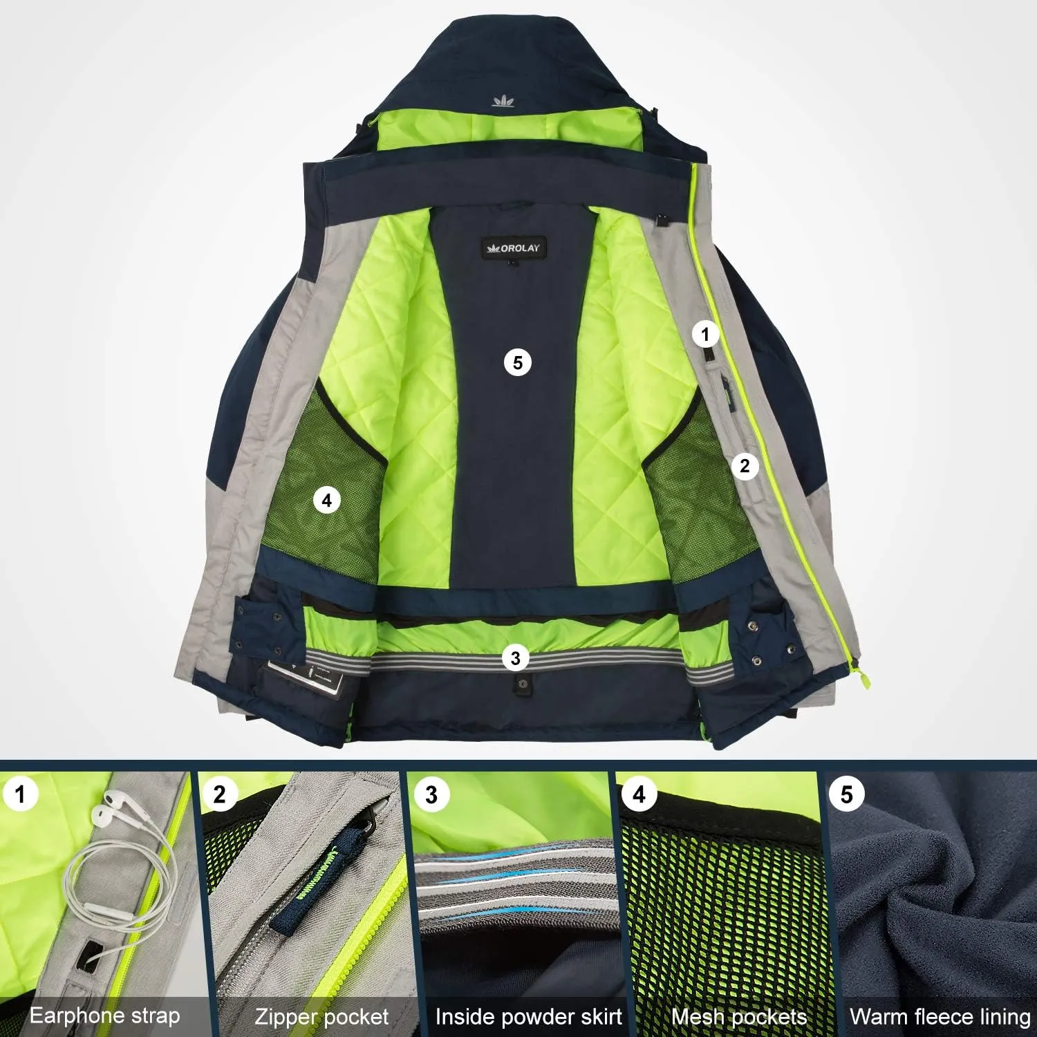 Orolay Men's Mountain Waterproof Ski Jacket Windproof Rain Jacket Winter Warm Snow Coat