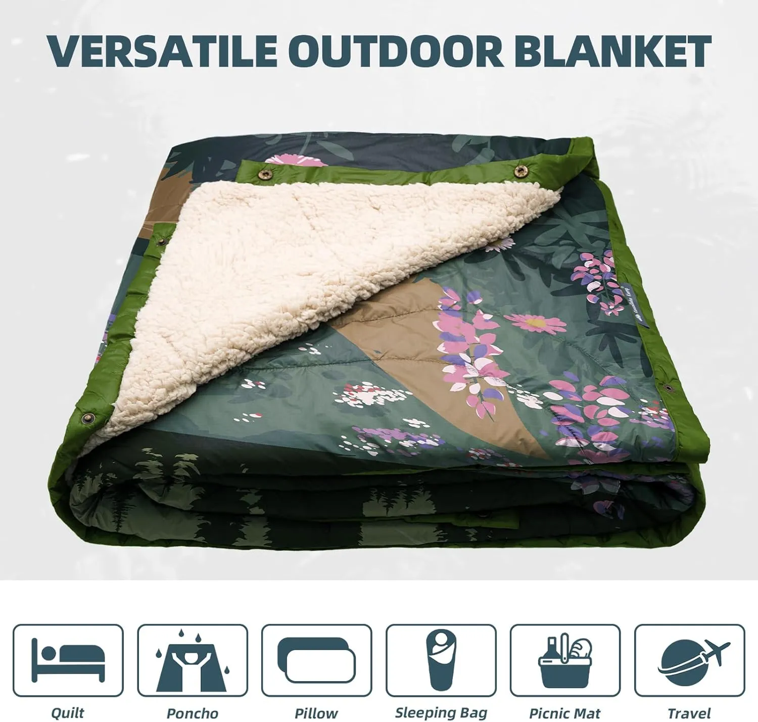 Outdoor Camping Blanket with Sherpa Lining, Extra Warm Thick Camp Blankets and Puffy Ultralight Soft Poncho DWR Camping Quilt for Cold Weather, Adventure, Sleeping, Backpacking 78"x 56"