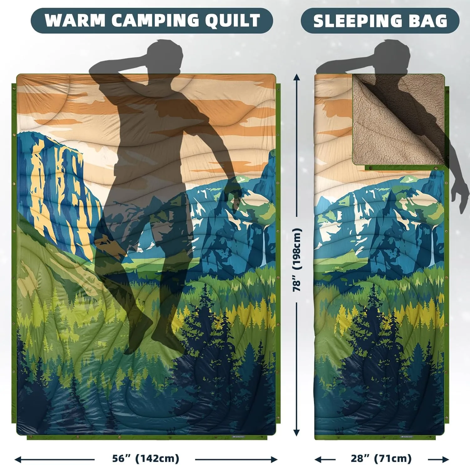Outdoor Camping Blanket with Sherpa Lining, Extra Warm Thick Camp Blankets and Puffy Ultralight Soft Poncho DWR Camping Quilt for Cold Weather, Adventure, Sleeping, Backpacking 78"x 56"