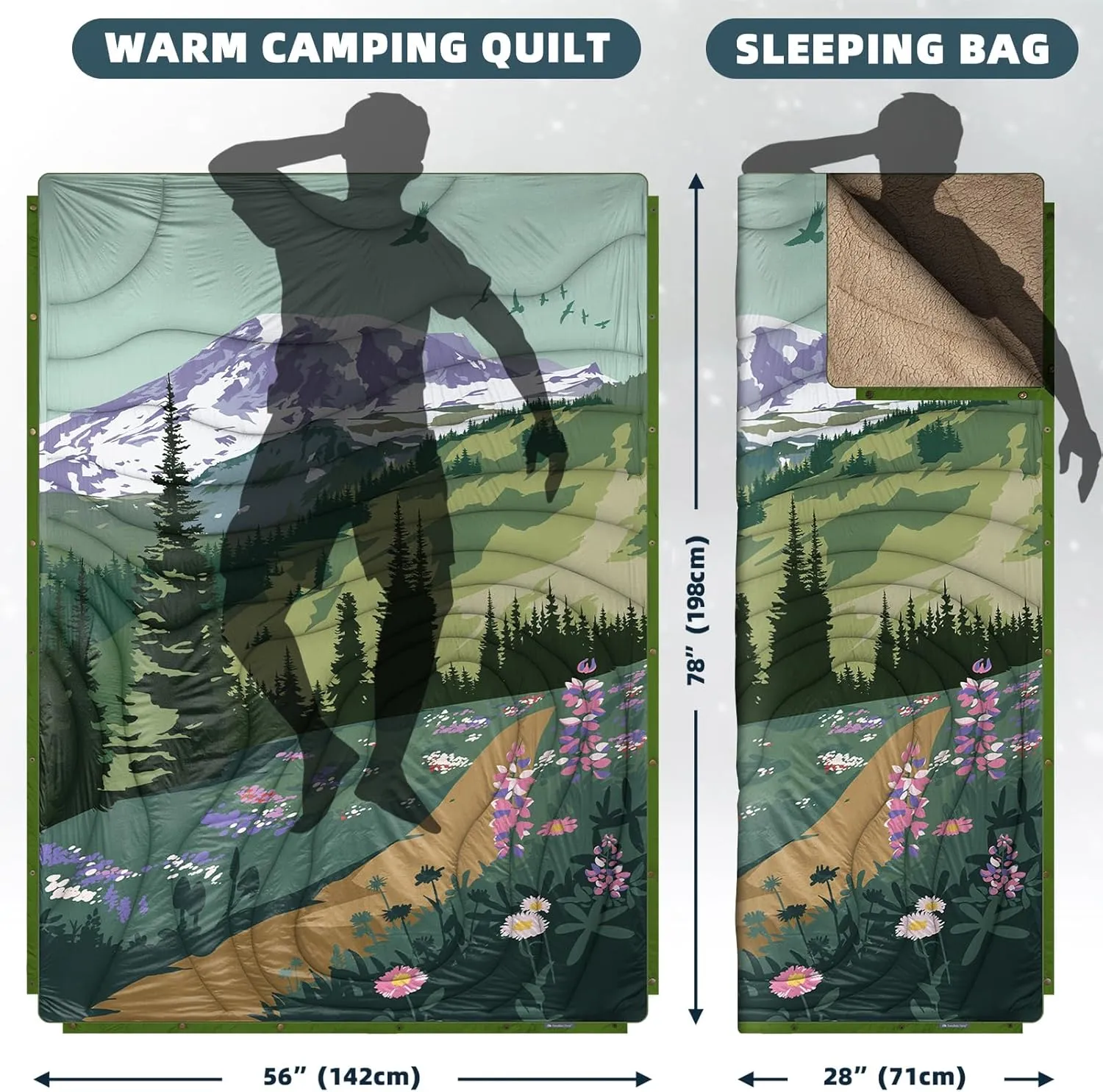 Outdoor Camping Blanket with Sherpa Lining, Extra Warm Thick Camp Blankets and Puffy Ultralight Soft Poncho DWR Camping Quilt for Cold Weather, Adventure, Sleeping, Backpacking 78"x 56"