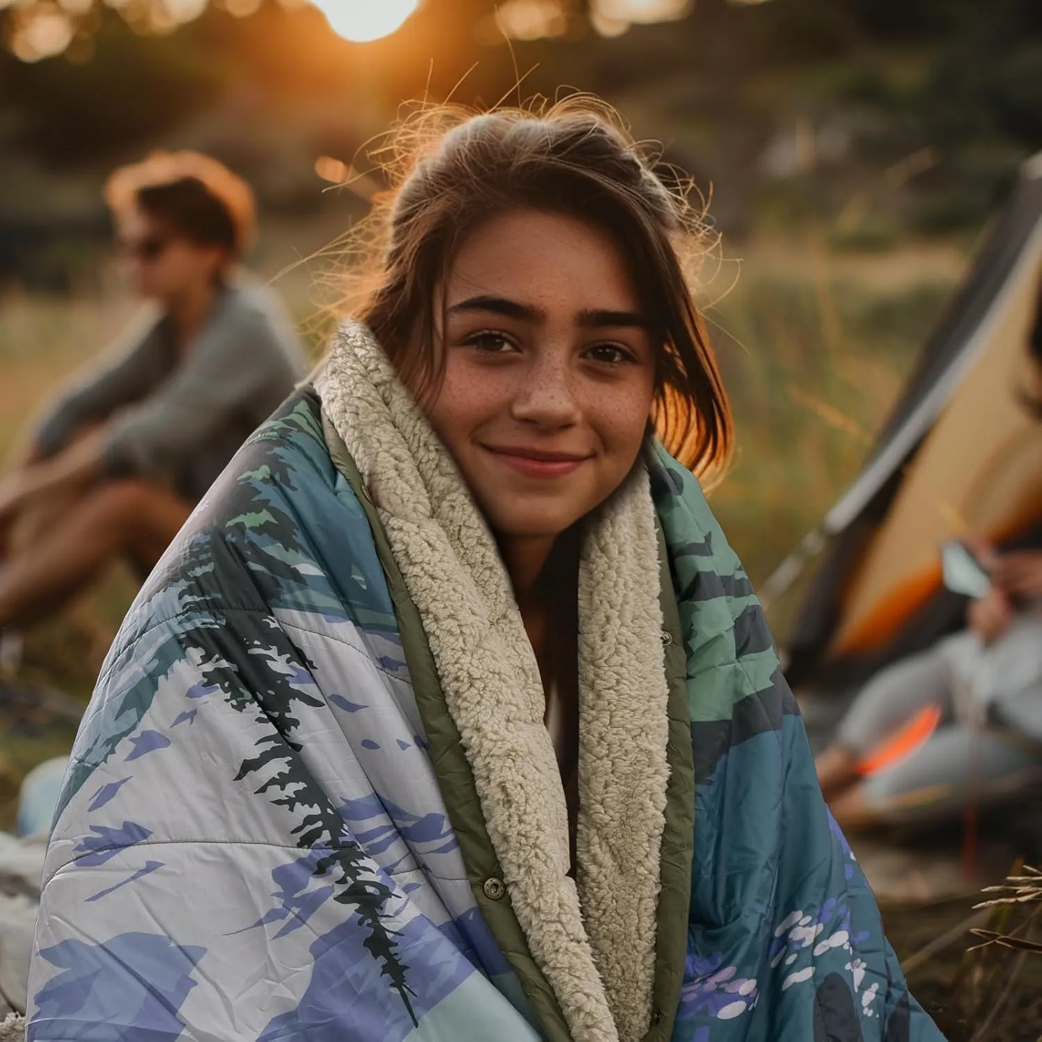 Outdoor Camping Blanket with Sherpa Lining, Extra Warm Thick Camp Blankets and Puffy Ultralight Soft Poncho DWR Camping Quilt for Cold Weather, Adventure, Sleeping, Backpacking 78"x 56"
