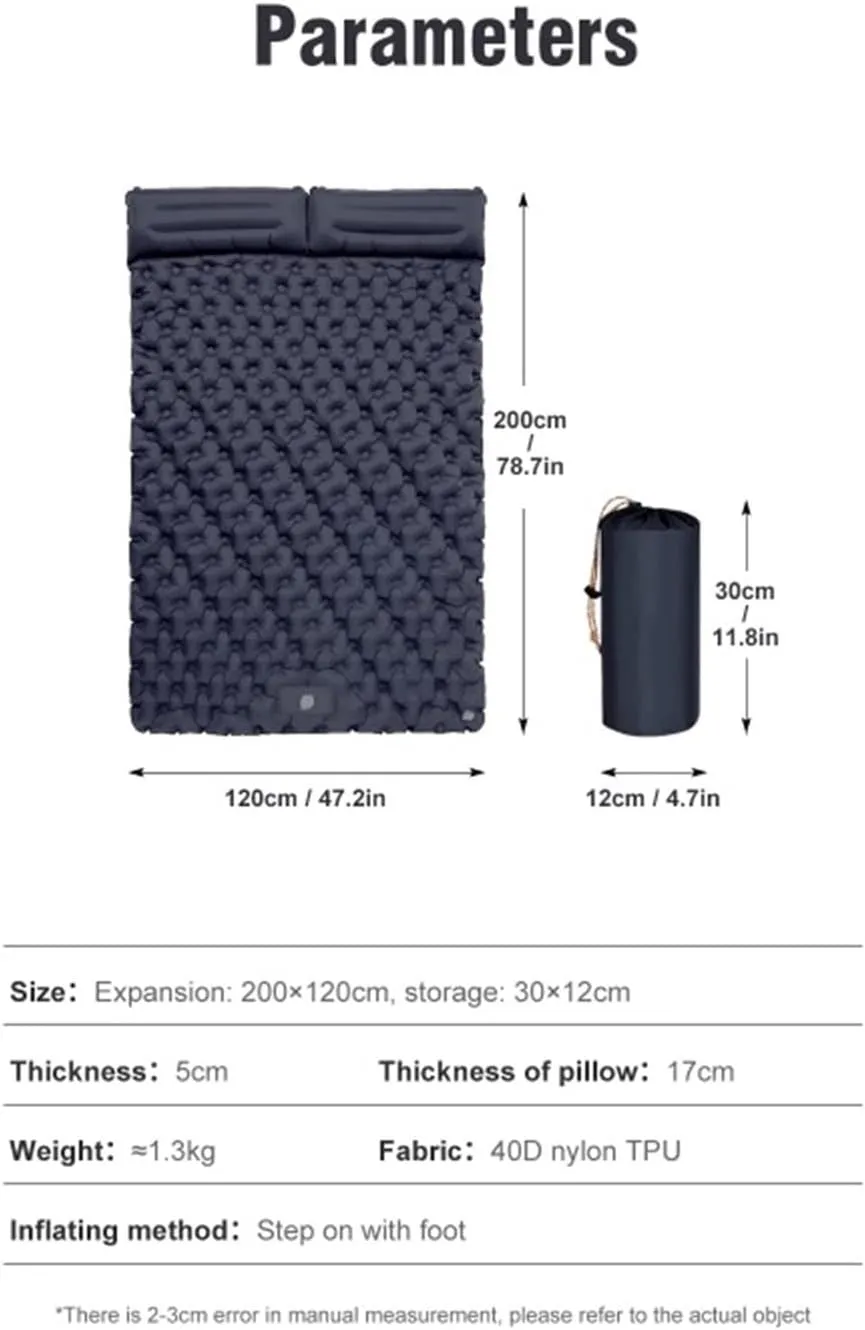 Outdoor Camping Double Inflatable Mattress Extra Wide Sleeping Pad Ultralight Folding Bed Sleeping Mat Car Travel Mat (Color : Khaki, Size : A)