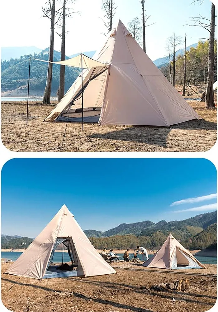 Outdoor Indian Tipi Tent Ultralight Teepee Tent Family Pyramid Tent for Backpacking, Camping, Hiking, Bushcraft, Travel, Winter Camping (White 340X290X200CM) (Khaki 460X460X300CM) (Khaki 460X