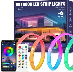Outdoor LED Strip Lights Waterproof, 100FT RGB IP67 Led Lights with App and Remote Control, Color Changing Led Rope Lights for Garden, Pool, Patio, Balcony Decor