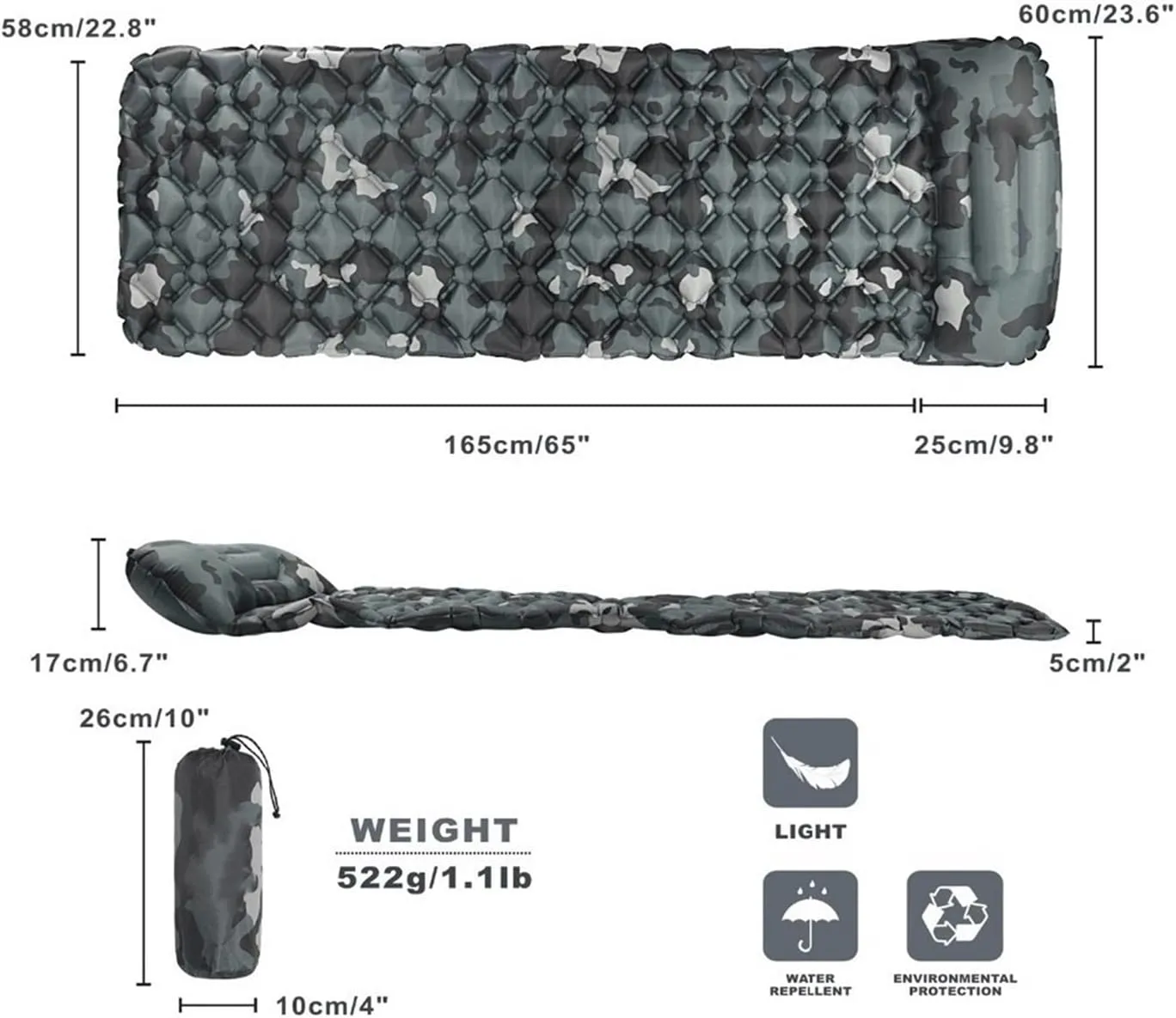 Outdoor Sleeping Pad Camping Inflatable Mattress with Pillows Travel Mat Folding Bed Ultralight Air Cushion Hiking Trekking (Color : Pedal Camouflage, Size : /)