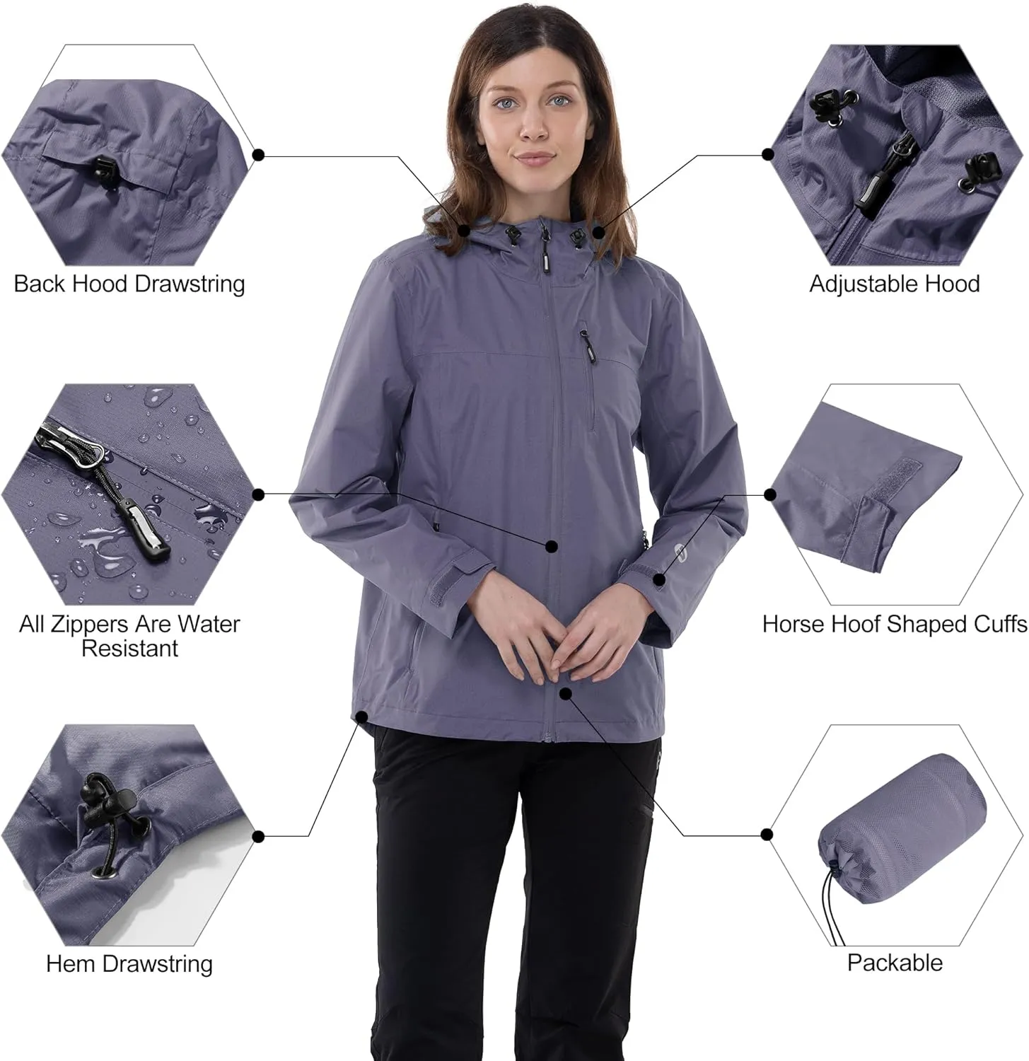 Outdoor Ventures Packable Rain Jacket Women Lightweight Waterproof Raincoat with Hood Cycling Bike Jacket
