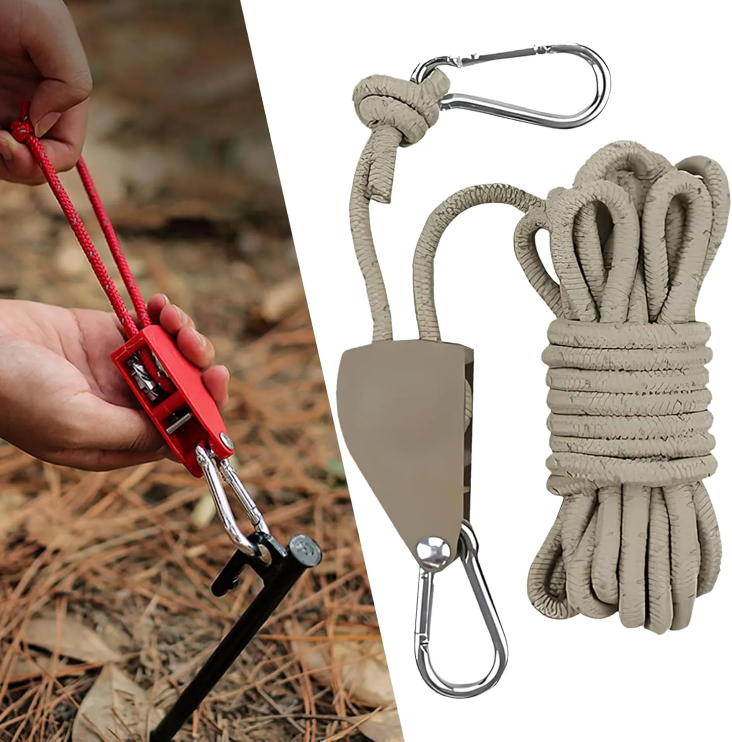 Outdoor Windproof Rope, Retractable Outdoor Windproof Rope with Ratchet, Portable Adjustable Fix Camping Heavy Duty Rope Reflective Wind Rope for Tent Tarp, Climbing (Khaki,1/4 inch, 16.4ft)