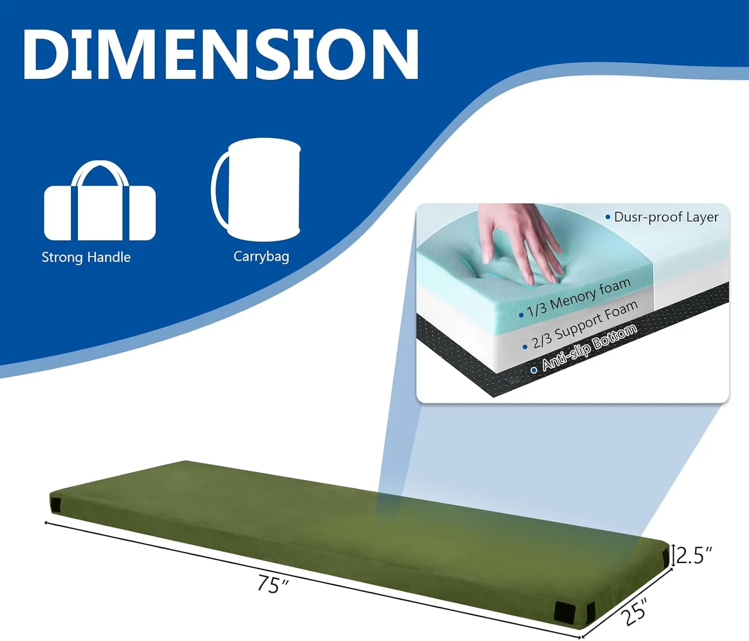 Outvita Sleeping Pad, Portable Camping Mat, CertiPUR-US Memory Foam Camping Mattress, Roll Up Floor Bed for Tent, Cot, Truck, Car, Outdoor Travel w/Portable Bag (3" with Pillow / 2.5" Without Pillow)