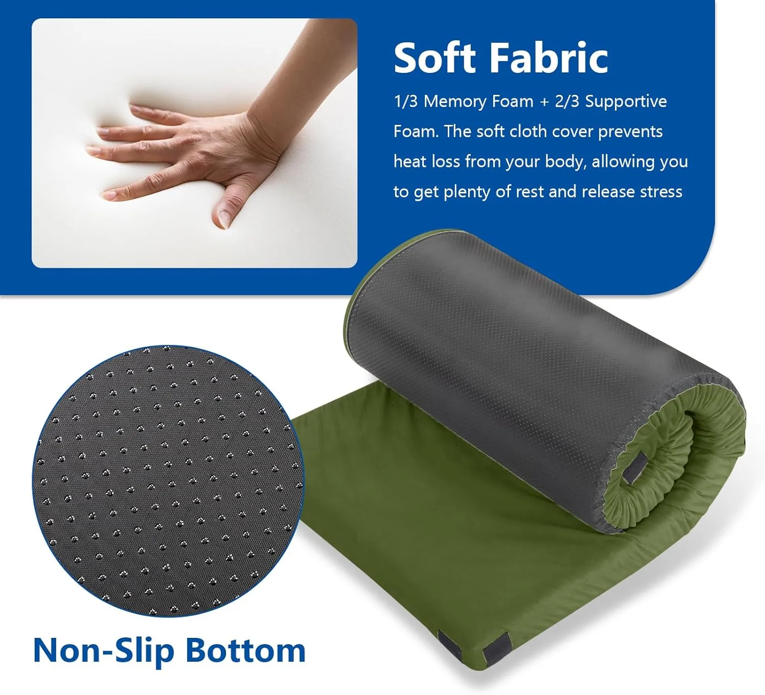 Outvita Sleeping Pad, Portable Camping Mat, CertiPUR-US Memory Foam Camping Mattress, Roll Up Floor Bed for Tent, Cot, Truck, Car, Outdoor Travel w/Portable Bag (3" with Pillow / 2.5" Without Pillow)