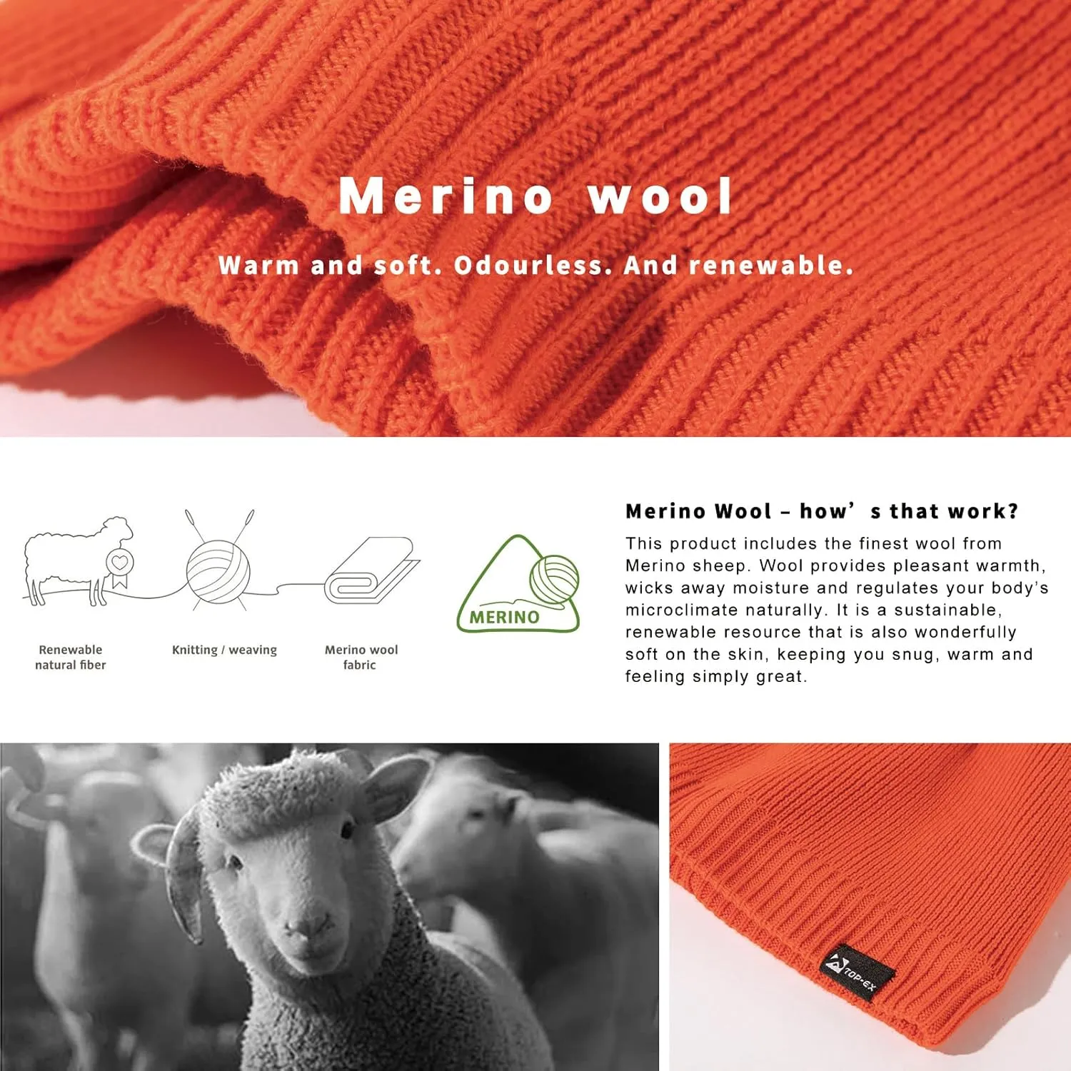 Oversized L/XL/XXL Waterproof Merino Wool Blend Beanie Fleece Lined Knit Hat for All-Weather Winter Warm