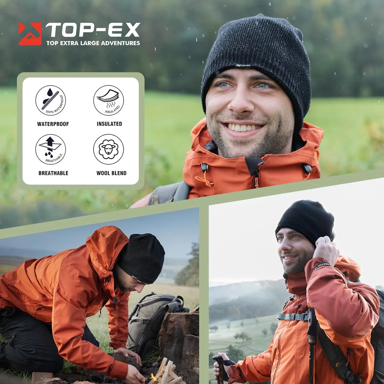 Oversized L/XL/XXL Waterproof Merino Wool Blend Beanie Fleece Lined Knit Hat for All-Weather Winter Warm