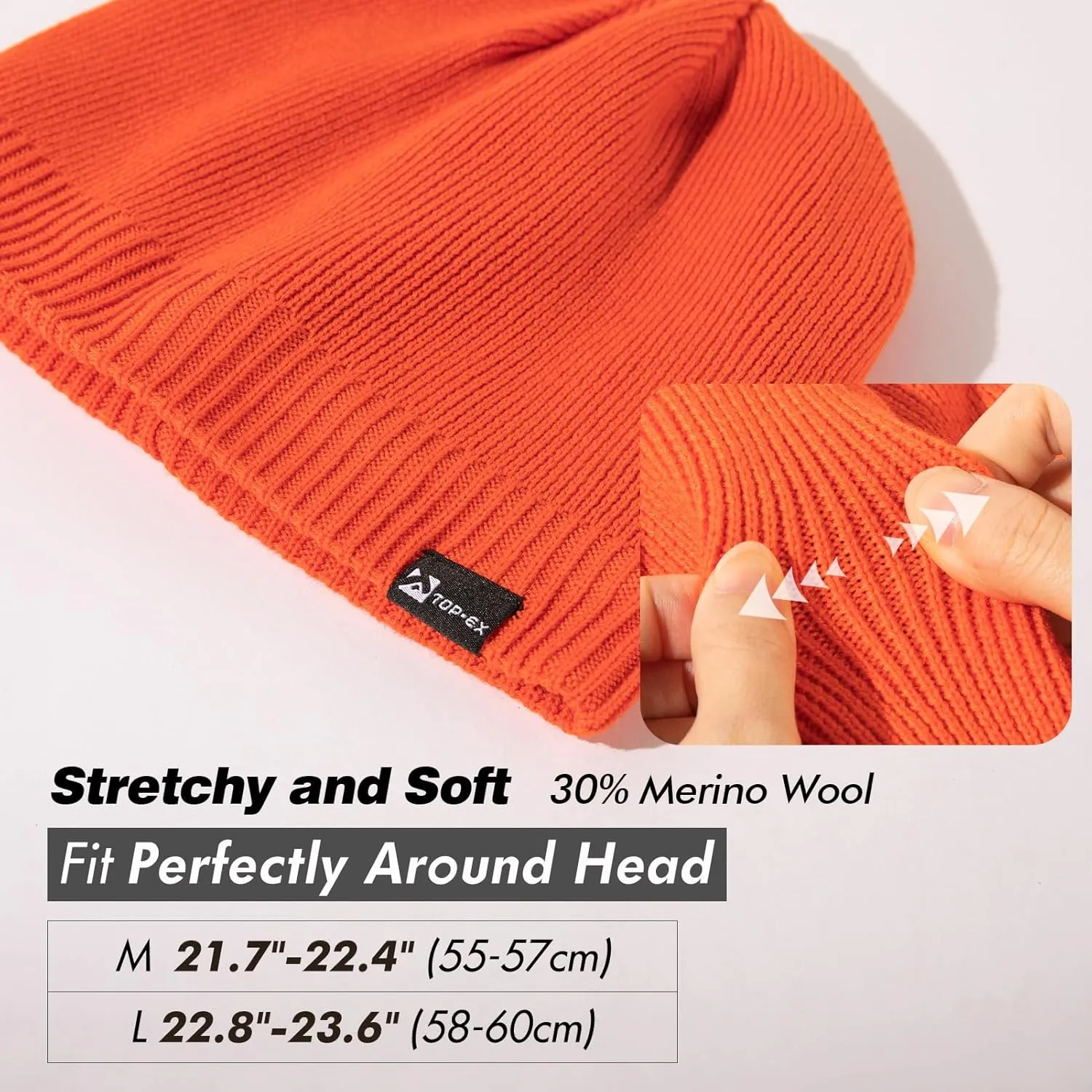 Oversized L/XL/XXL Waterproof Merino Wool Blend Beanie Fleece Lined Knit Hat for All-Weather Winter Warm