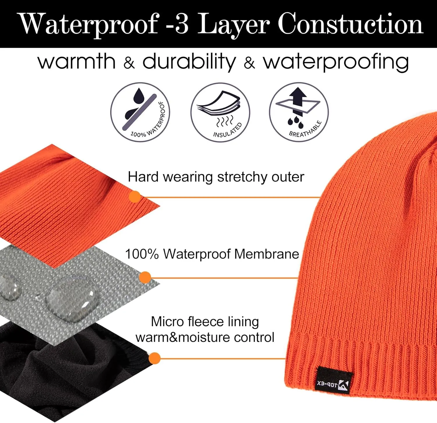 Oversized L/XL/XXL Waterproof Merino Wool Blend Beanie Fleece Lined Knit Hat for All-Weather Winter Warm