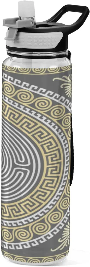 Oyihfvs Traditional Vintage Golden Greek Ornament On Black Transparent Sports Water Bottle 32 Oz, with Straw Lid Leakproof Reusable Water Bottle, Water Bottle for Fitness Gym Outdoor