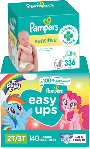 Pampers Easy Ups Pull On Training Pants My Little Pony, 2T-3T, 140 Count with Sensitive Water Based Baby Wipes 4X Pop-Top Packs (336 Count)
