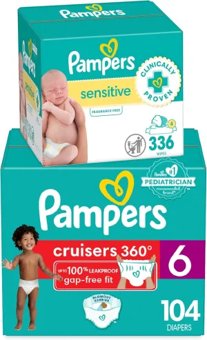 Pampers Pull On Cruisers 360° Fit Disposable Baby Diapers Size 6, 104 Count with Sensitive Water Based Baby Wipes 4X Pop-Top Packs (336 Count)