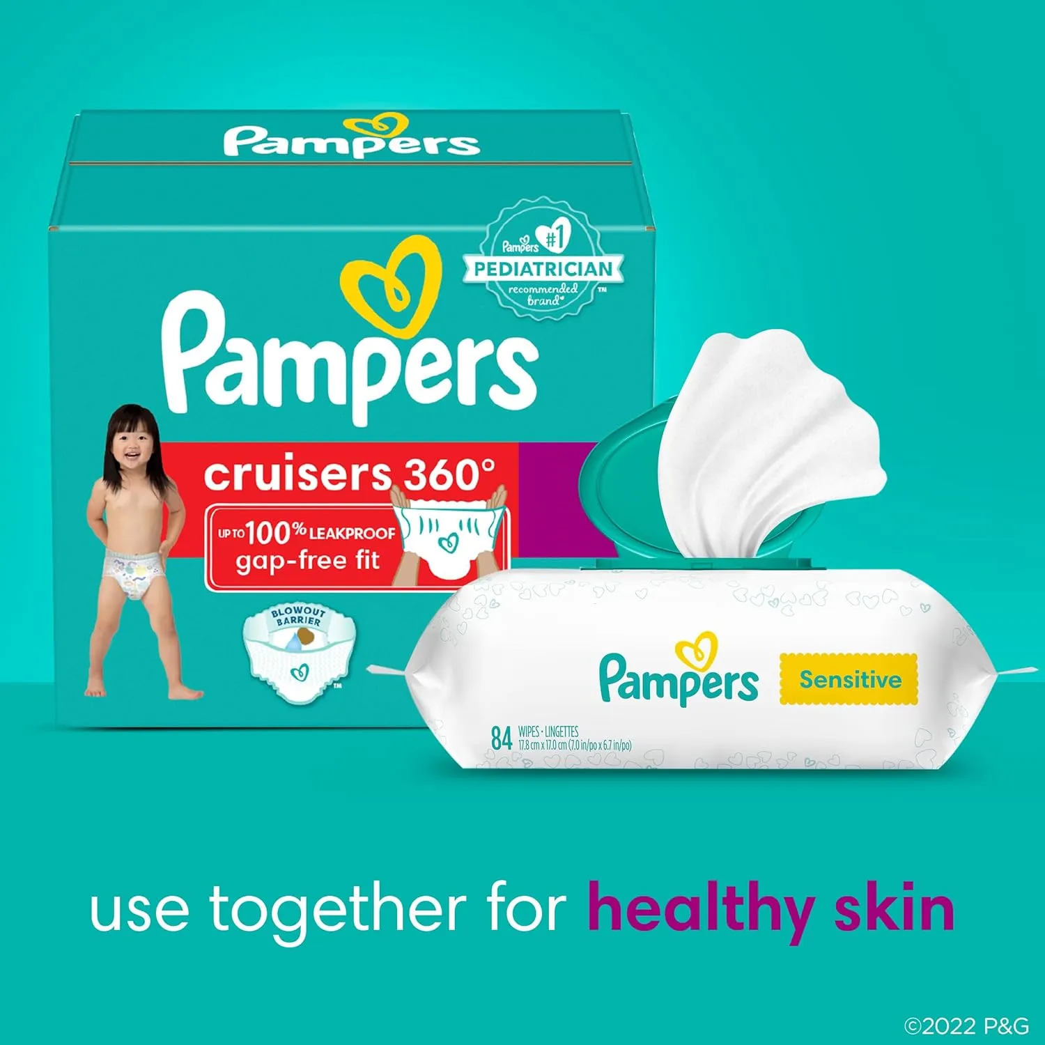 Pampers Pull On Cruisers 360° Fit Disposable Baby Diapers Size 6, 104 Count with Sensitive Water Based Baby Wipes 4X Pop-Top Packs (336 Count)