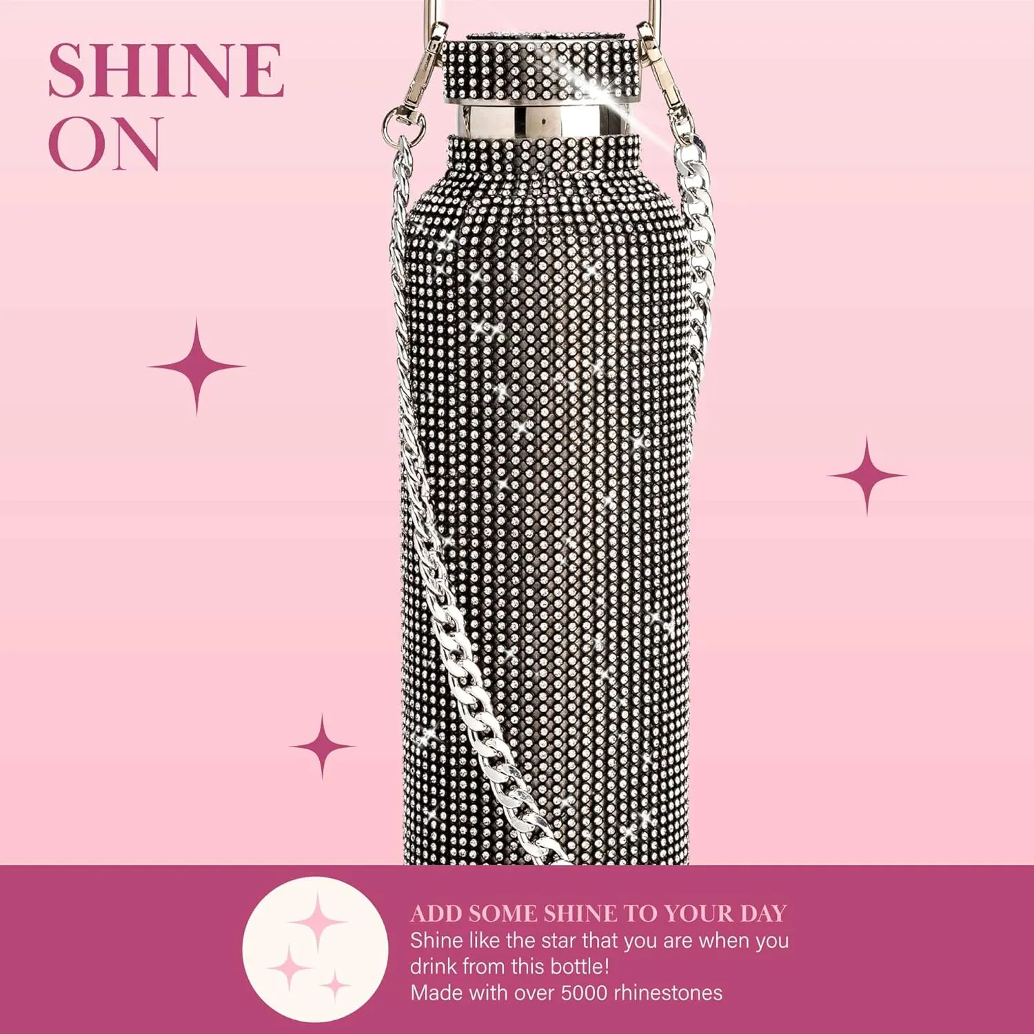Paris Hilton Diamond Bling Water Bottle With Lid And Removable Carrying Strap, Stainless Steel Vacuum Insulated, Bedazzled With Over 5000 Rhinestones, 25-Ounce, Black