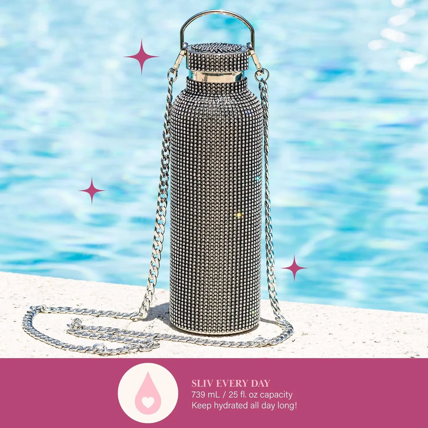 Paris Hilton Diamond Bling Water Bottle With Lid And Removable Carrying Strap, Stainless Steel Vacuum Insulated, Bedazzled With Over 5000 Rhinestones, 25-Ounce, Black
