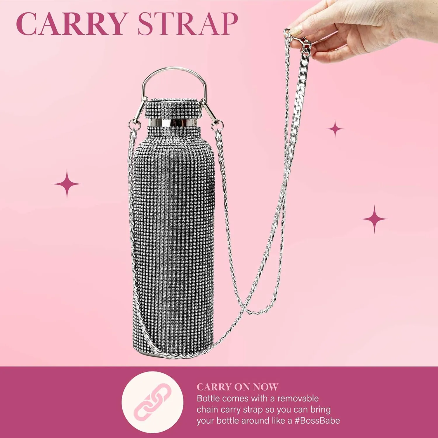 Paris Hilton Diamond Bling Water Bottle With Lid And Removable Carrying Strap, Stainless Steel Vacuum Insulated, Bedazzled With Over 5000 Rhinestones, 25-Ounce, Black