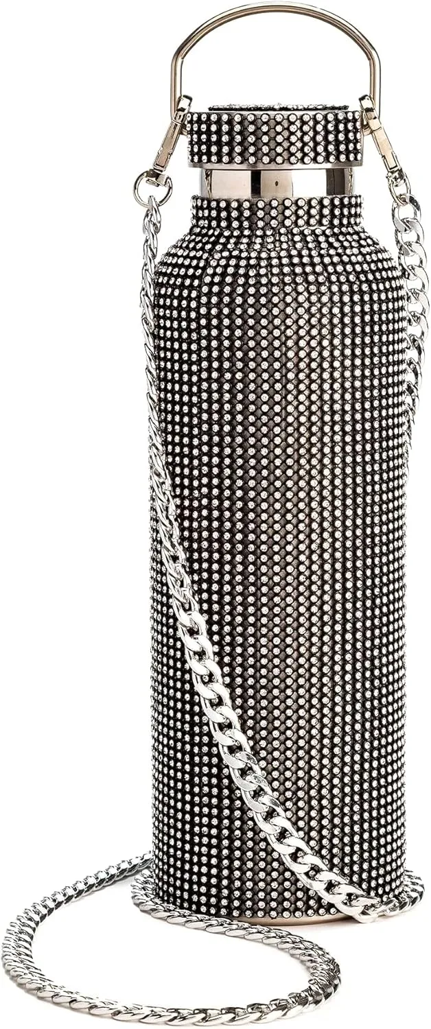 Paris Hilton Diamond Bling Water Bottle With Lid And Removable Carrying Strap, Stainless Steel Vacuum Insulated, Bedazzled With Over 5000 Rhinestones, 25-Ounce, Black