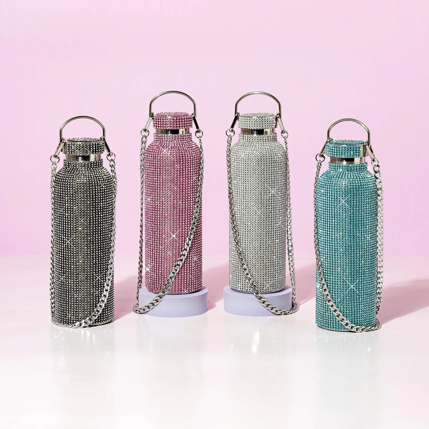 Paris Hilton Diamond Bling Water Bottle With Lid And Removable Carrying Strap, Stainless Steel Vacuum Insulated, Bedazzled With Over 5000 Rhinestones, 25-Ounce, Black