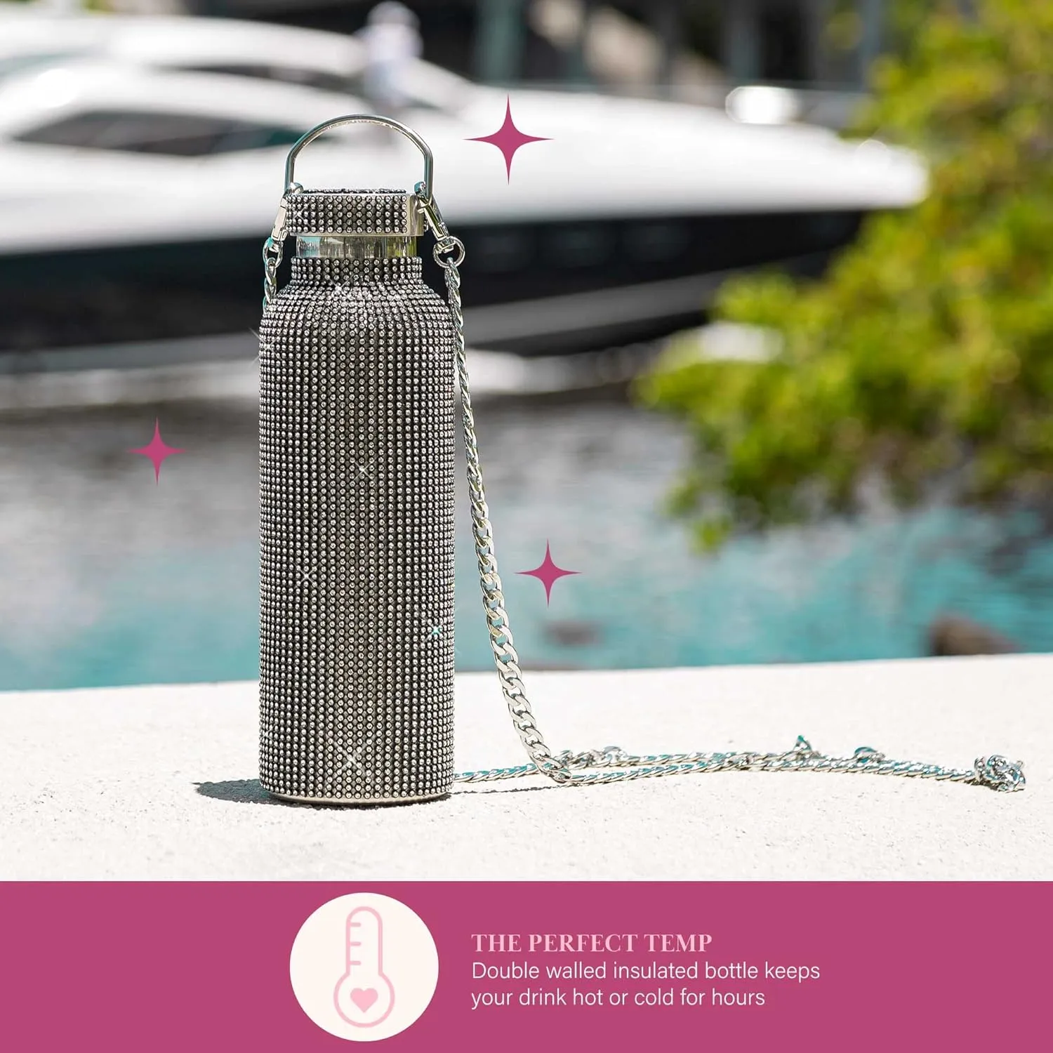Paris Hilton Diamond Bling Water Bottle With Lid And Removable Carrying Strap, Stainless Steel Vacuum Insulated, Bedazzled With Over 5000 Rhinestones, 25-Ounce, Black
