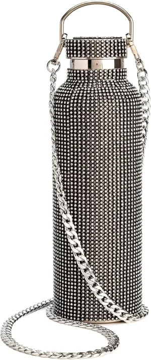Paris Hilton Diamond Bling Water Bottle With Lid And Removable Carrying Strap, Stainless Steel Vacuum Insulated, Bedazzled With Over 5000 Rhinestones, 25-Ounce, Black