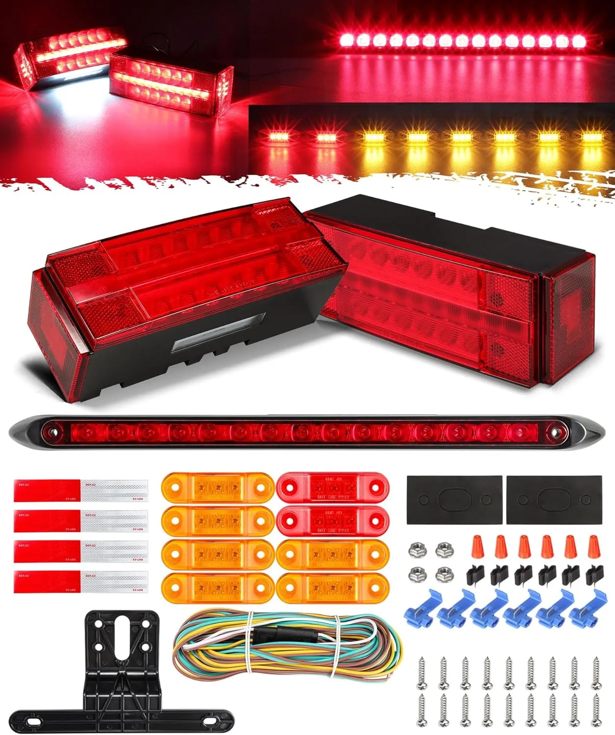 Partsam Rectangular LED Lighted Tail Kit, 8 Markers, 25FT Wiring Harness, Stop-Turn-Tail-License Lights for Boats, 12V
