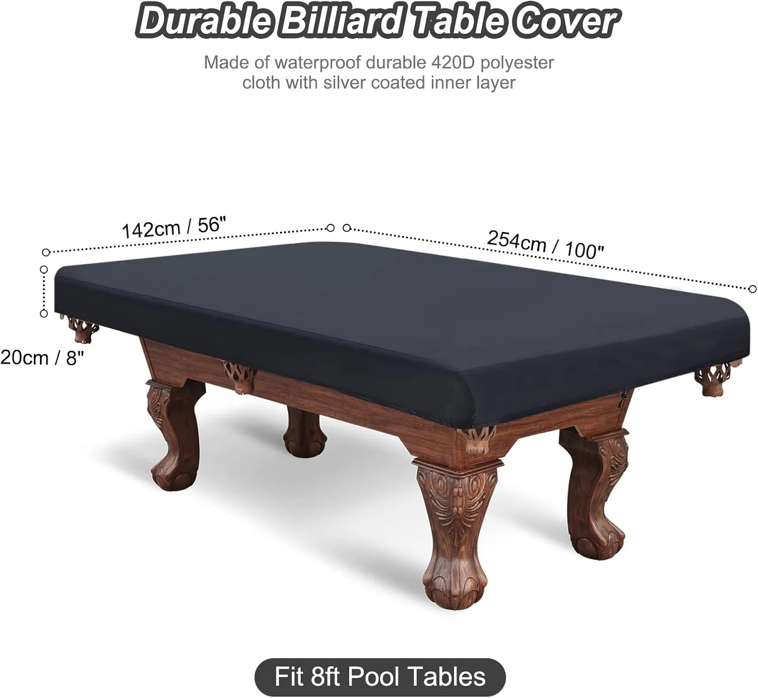 PATIKIL 8 Feet Billiard Pool Table Cover, Waterproof Outdoor Indoor 420D Polyester Dustproof Sun Rain Protection Billiard Table Covers for Patio Table Snooker Billiard Table, Black