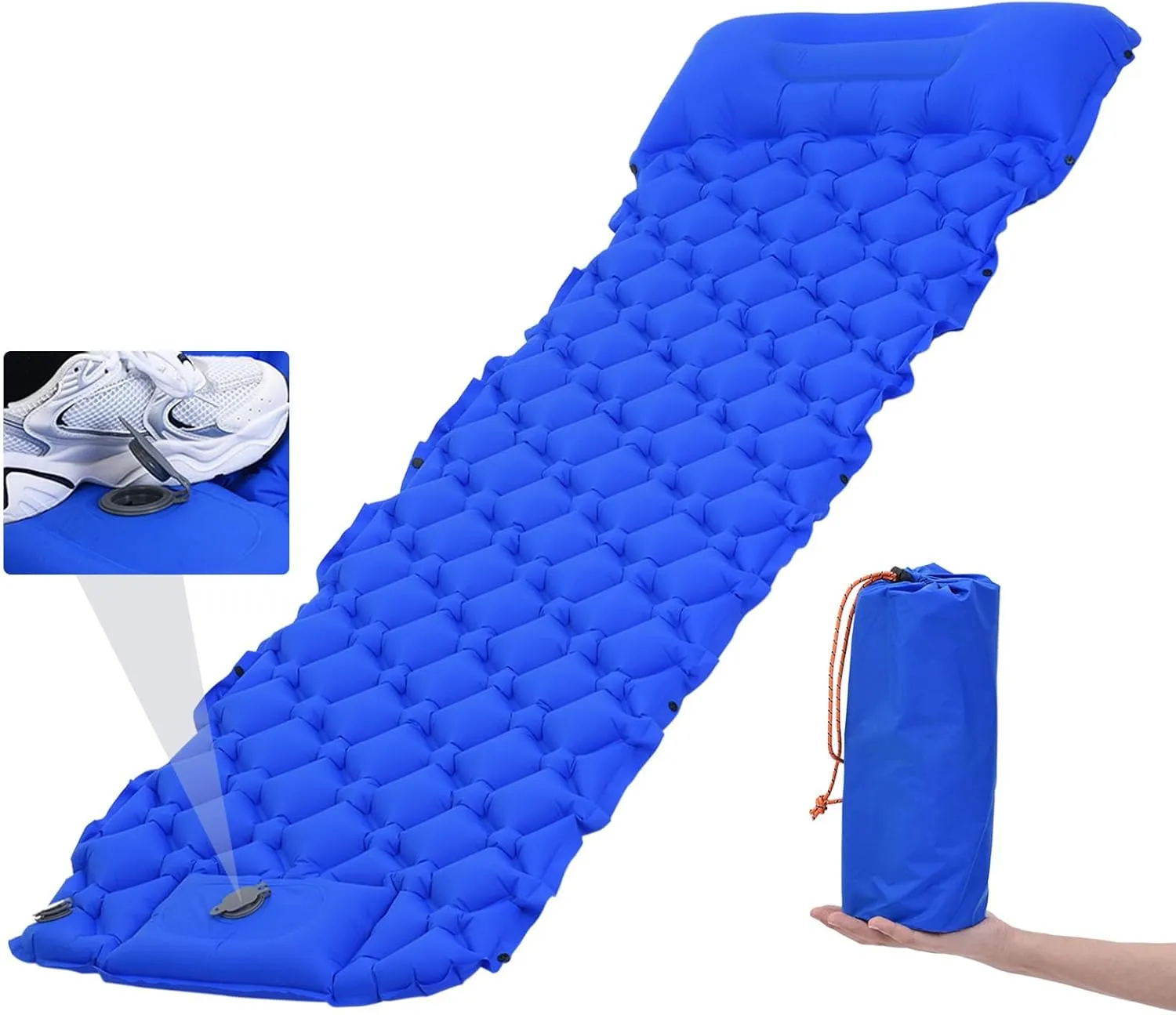 PATIKIL Backpacking Air Mattress Self-Inflating Sleeping Mats for Camping 76x24'' Waterproof Ultralight with Pillow Built-in Foot Pump for Hiking Tent Traveling, Blue