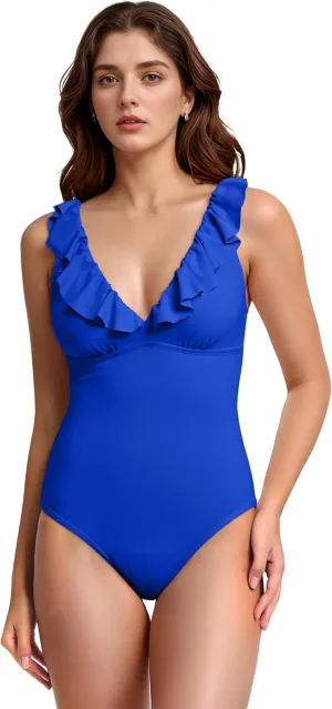 Period Swimwear Ruffled One Piece Leakproof Menstrual Period Swimsuit V Neck Bathing Suit for Teen Girl