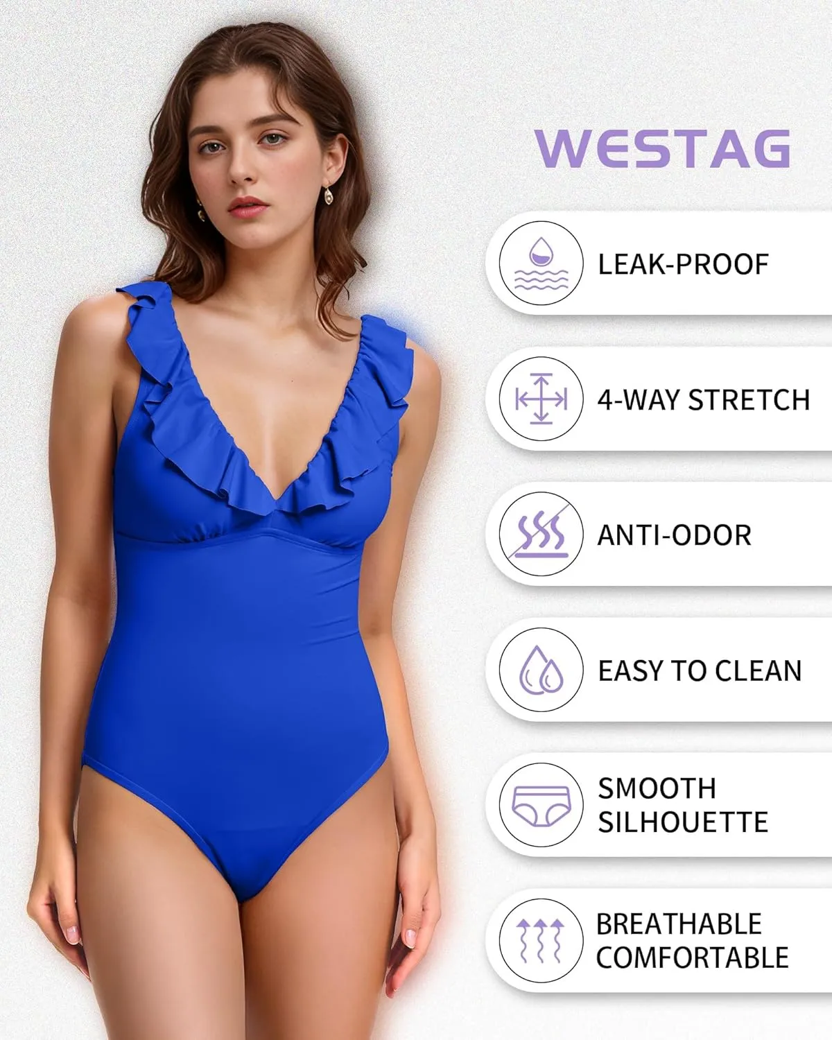 Period Swimwear Ruffled One Piece Leakproof Menstrual Period Swimsuit V Neck Bathing Suit for Teen Girl