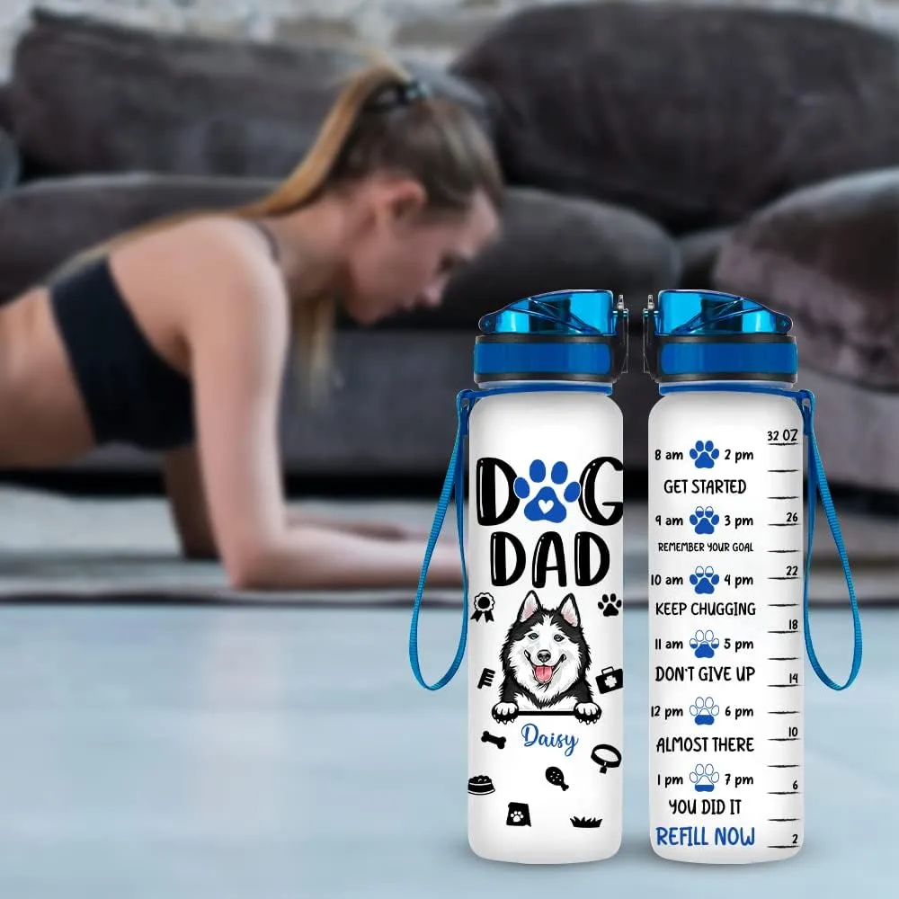Personalized Dog Dad Water Bottle with Times to Drink - Custom Dog Breed - Motivational Drinking Water Bottles with Carrying Strap, Leakproof BPA & Toxic Free, Enough Water for Fitness Gym Outdoor