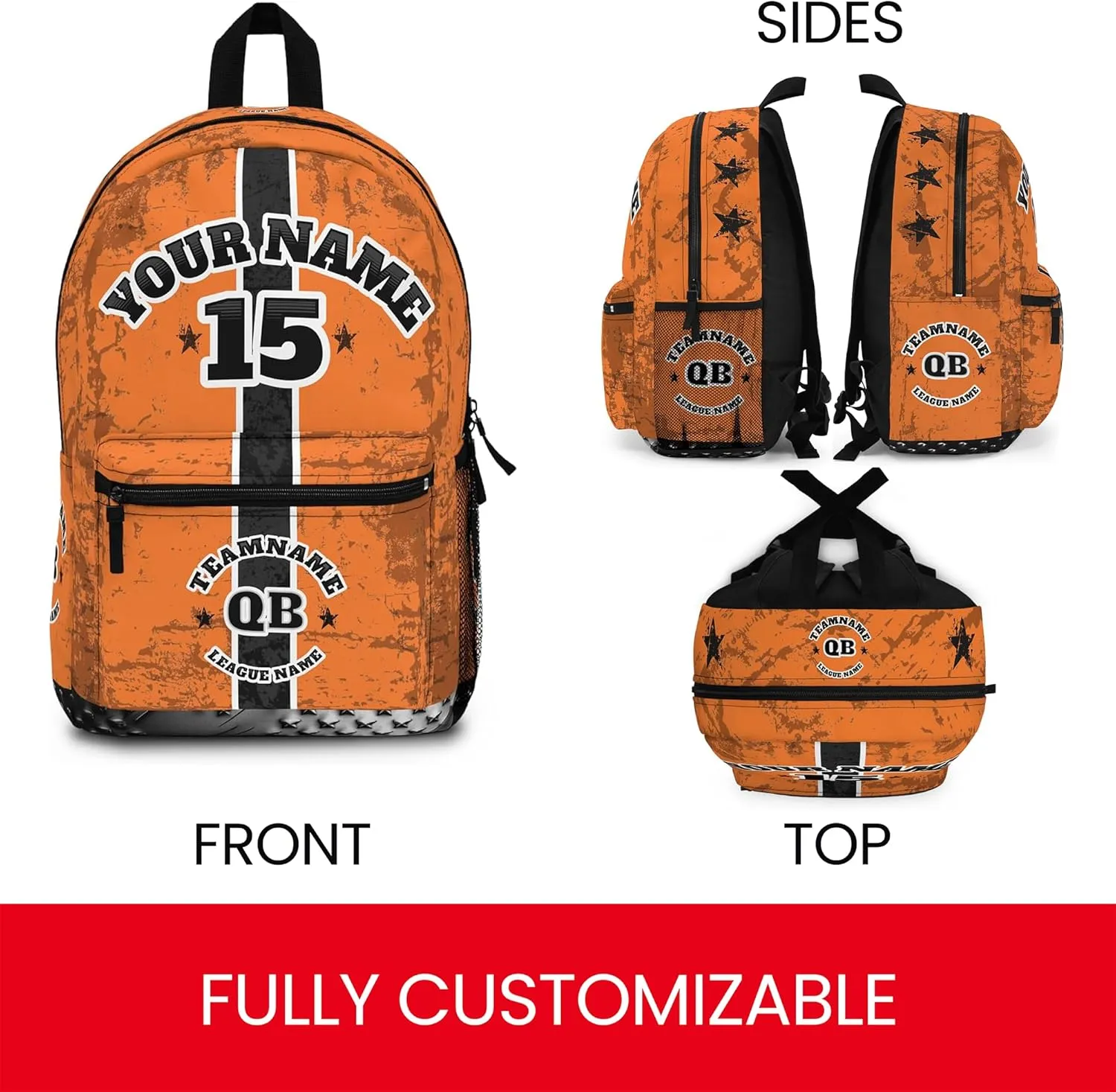 Personalized Sport Backpack Soccer, Basketball, Baseball, Football Team Gift: Name, #, Colors, Logo; Team Travel Bag (Light Orange Sunset Black)