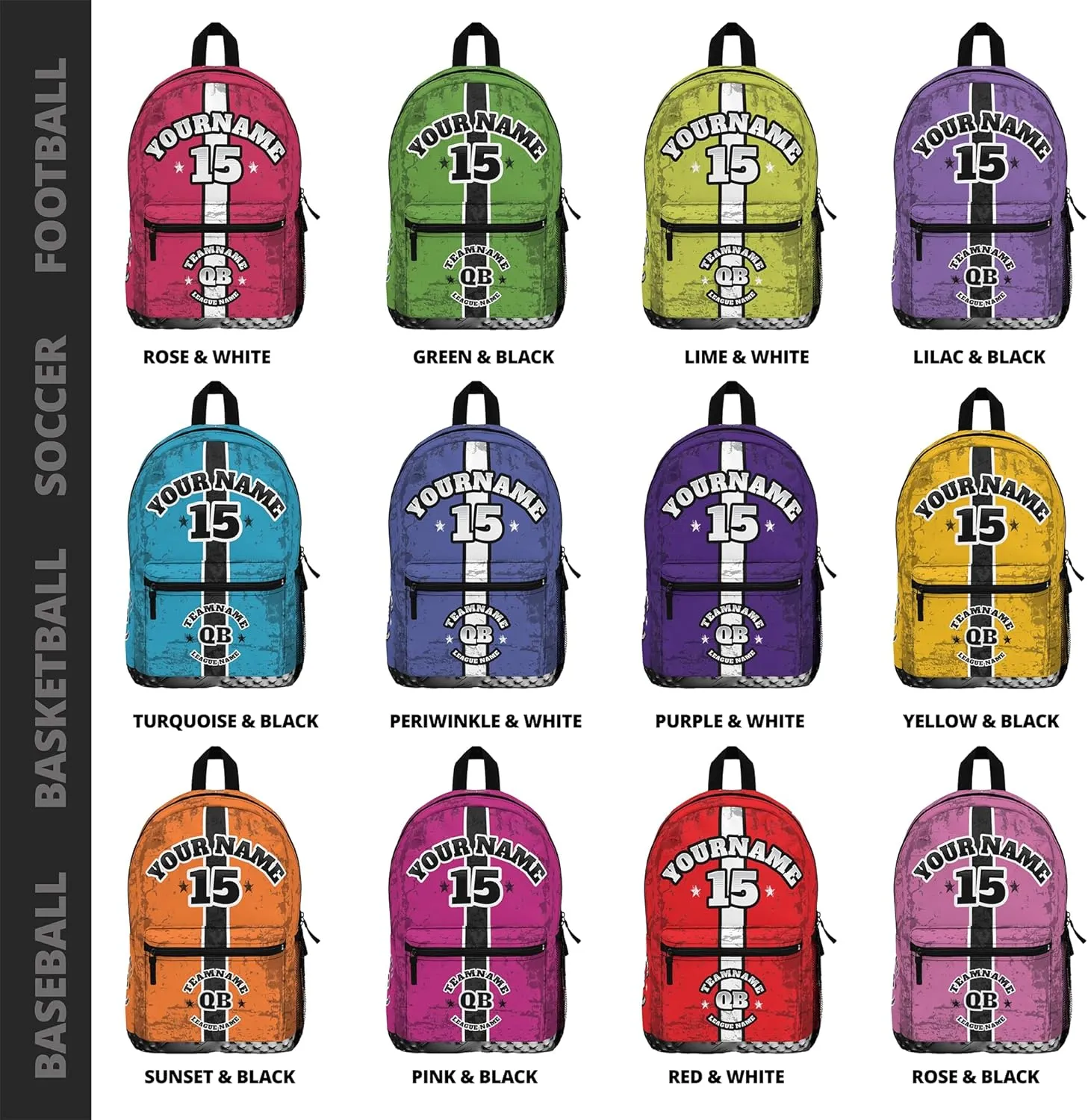 Personalized Sport Backpack Soccer, Basketball, Baseball, Football Team Gift: Name, #, Colors, Logo; Team Travel Bag (Light Orange Sunset Black)
