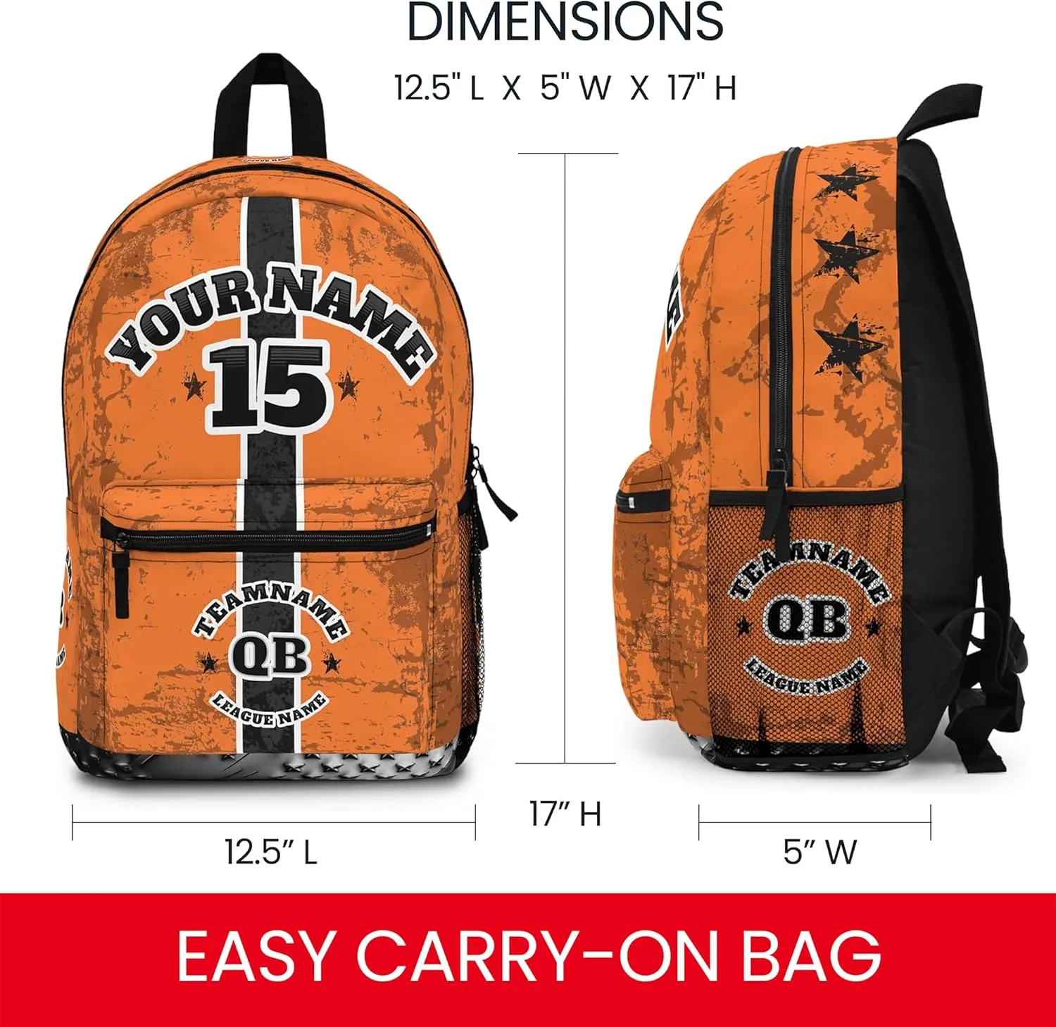 Personalized Sport Backpack Soccer, Basketball, Baseball, Football Team Gift: Name, #, Colors, Logo; Team Travel Bag (Light Orange Sunset Black)