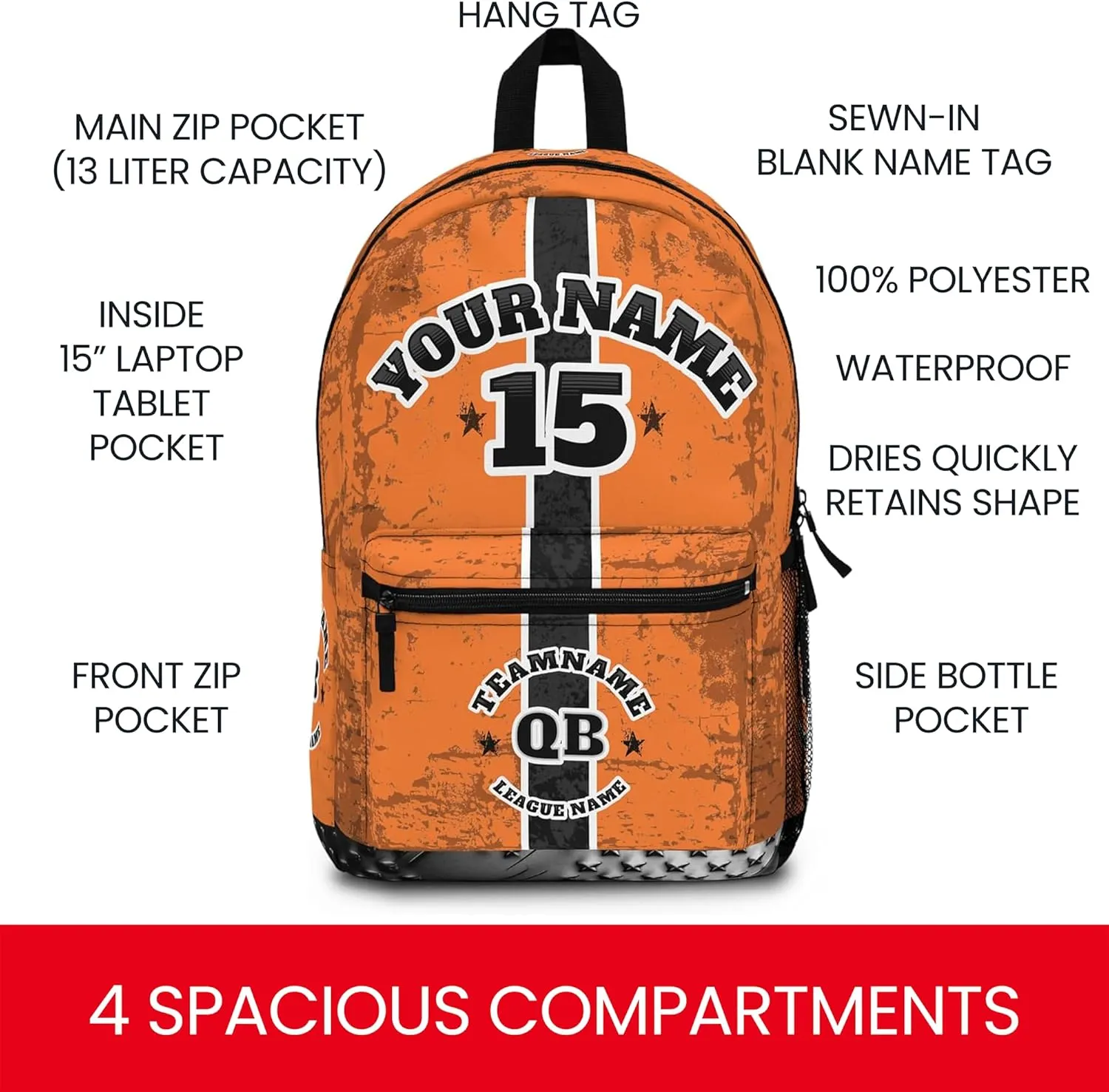 Personalized Sport Backpack Soccer, Basketball, Baseball, Football Team Gift: Name, #, Colors, Logo; Team Travel Bag (Light Orange Sunset Black)
