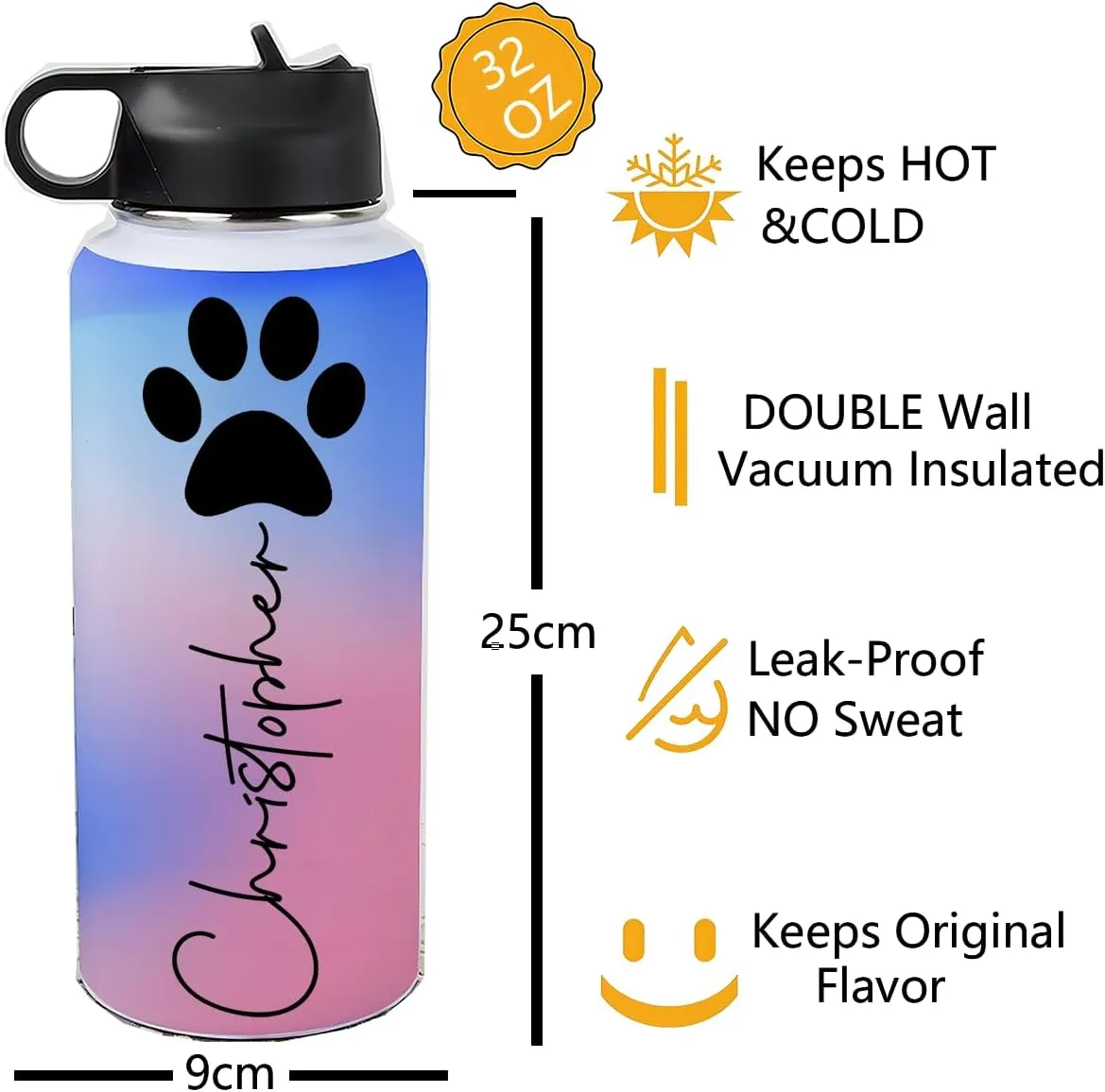 Personalized Water Bottles 32oz with Flip-Top Lid and Straw Customized Vacuum Insulated Flask Stainless Steel Sports Double Wall for Sports Spill-Proof Splash Resistant Lid Christmas Gradient